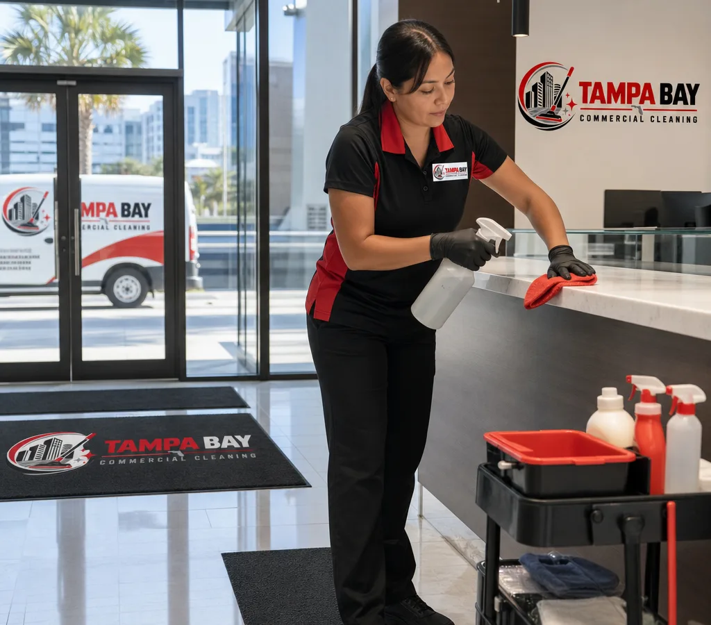 Commercial cleaner disinfecting high-touch points in a modern Tampa office lobby