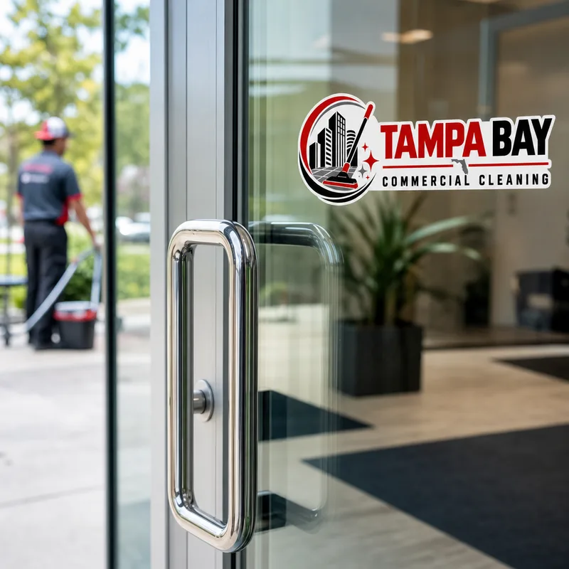 Clean streak-free commercial glass entry door with a polished metal handle