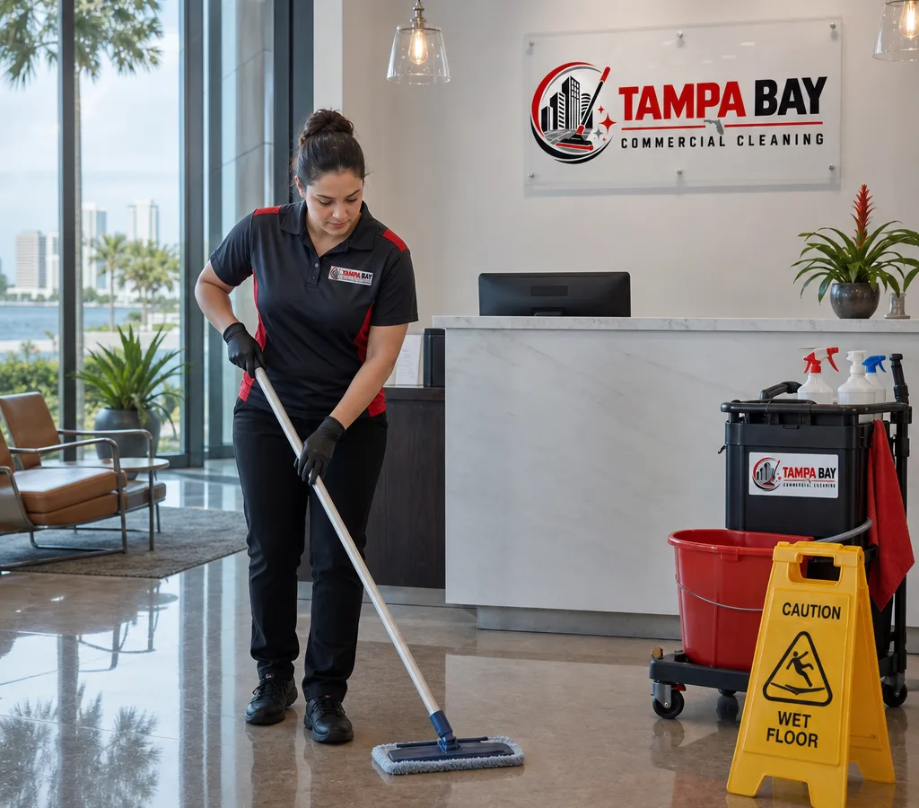 Professional janitorial team member cleaning and resetting a modern commercial office lobby with a cleaning cart and caution signage