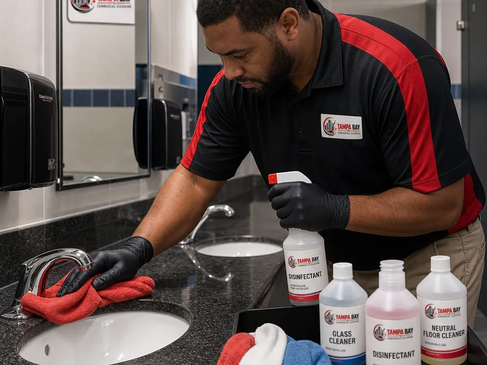 Janitorial technician disinfecting sink handles, counters, and dispensers in a commercial restroom using labeled supplies and color-coded microfiber cloths