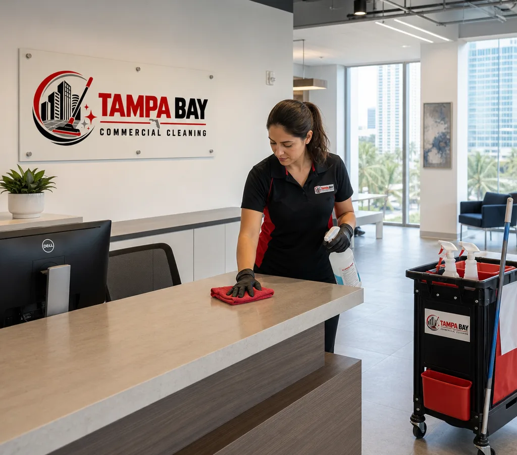 Professional cleaner wiping a vacant commercial office reception counter with supplies organized nearby