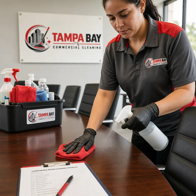Cleaner disinfecting a conference room table and chair arms beside a supply caddy and checklist