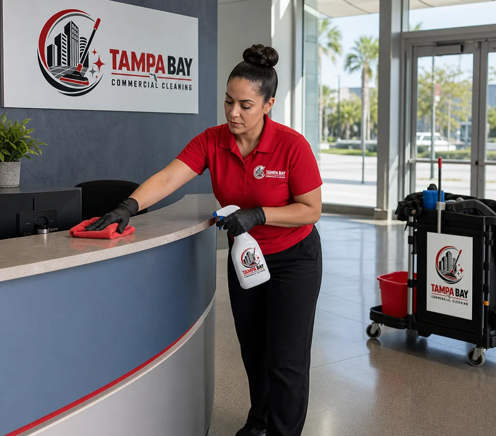 Professional cleaner disinfecting a reception counter in a modern Tampa office
