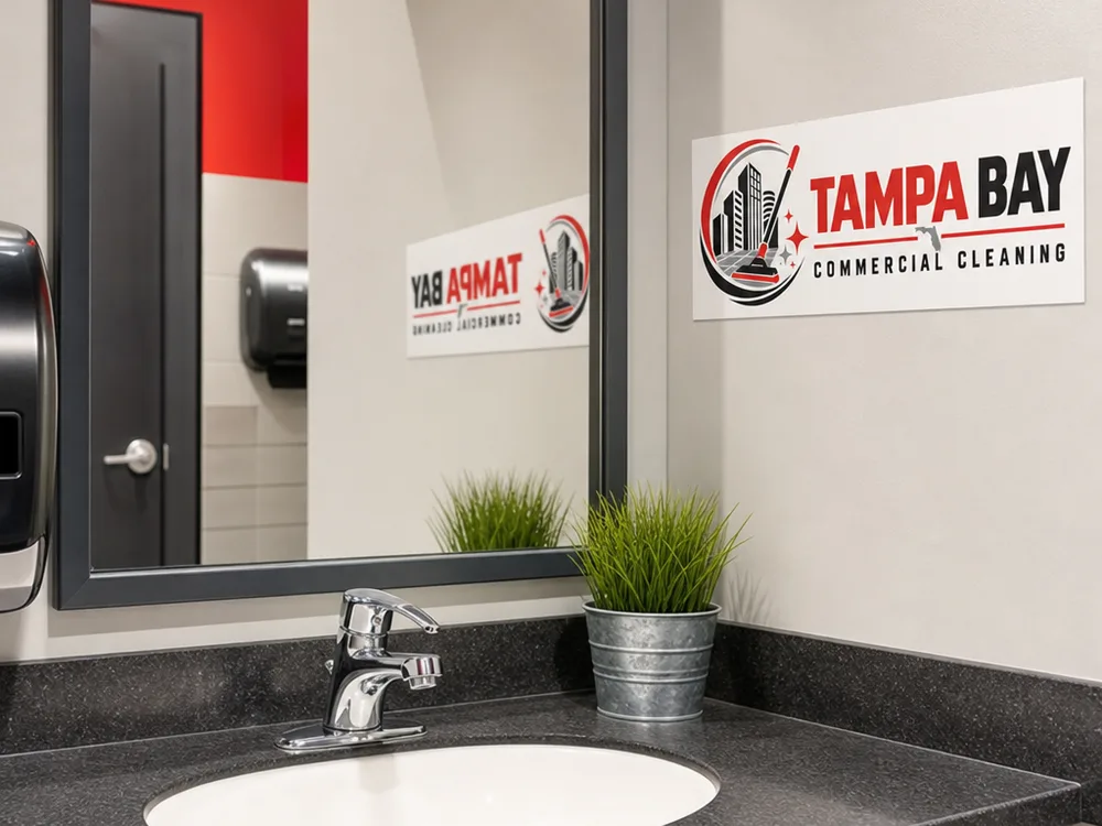 Spotless office restroom sink, mirror, polished fixtures, and disinfected counter