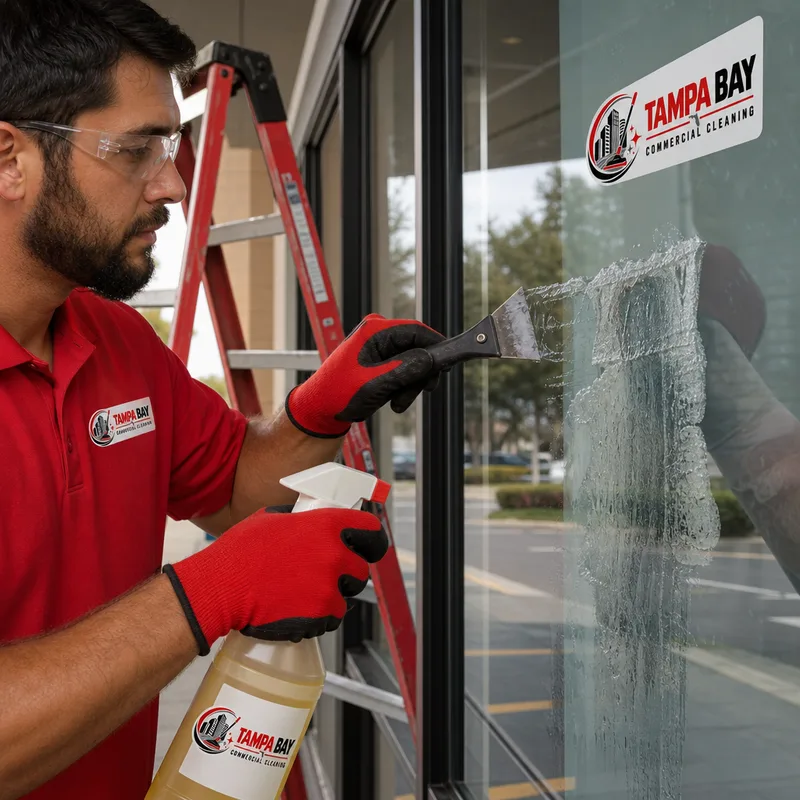 Technician removing construction adhesive residue from storefront glass