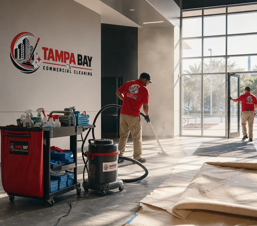 Cleaning crew staging HEPA vacuums in a newly finished Tampa commercial interior