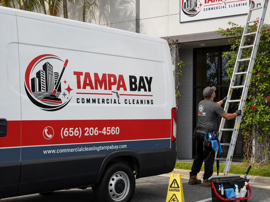 Window cleaning technician positioning a ladder safely beside a commercial glass entry