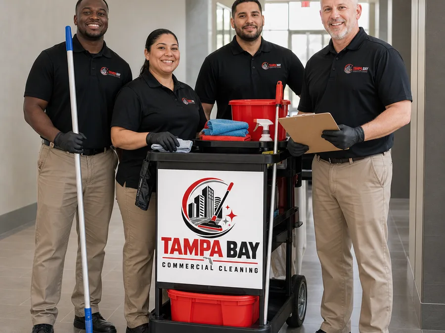 Commercial cleaning team with a cleaning cart and supervisor checklist