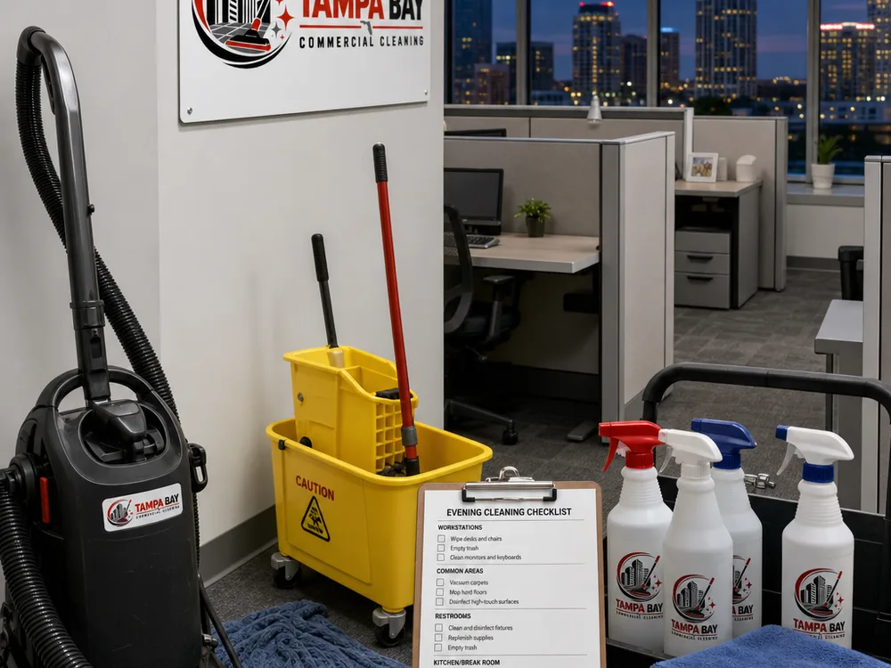 Evening commercial cleaning equipment and checklist inside a Tampa office suite